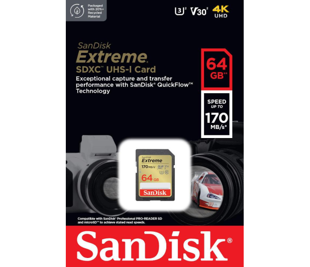 Sandisk 64GB SDXC Extreme 170MB/s A2 C10 V30 UHS-I U3 - 1058631 - zdjęcie 2